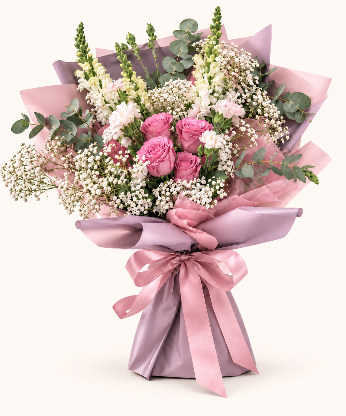 Blush Reverie pink rose bouquet with blush and lilac wrapping on an ivory background