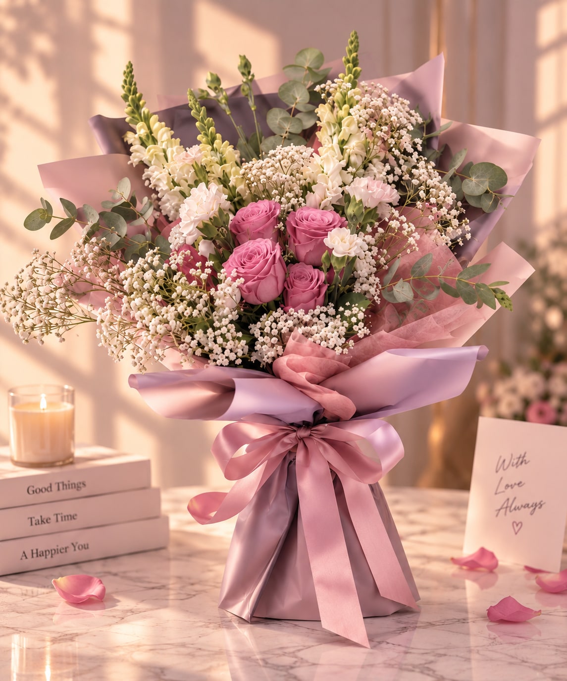 Blush Reverie bouquet with pink roses, ivory flowers and eucalyptus