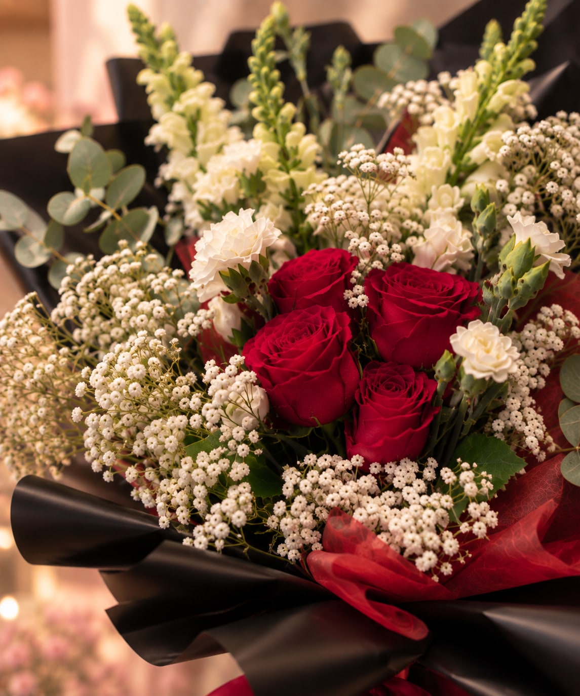 Scarlet roses · sculptural contrast